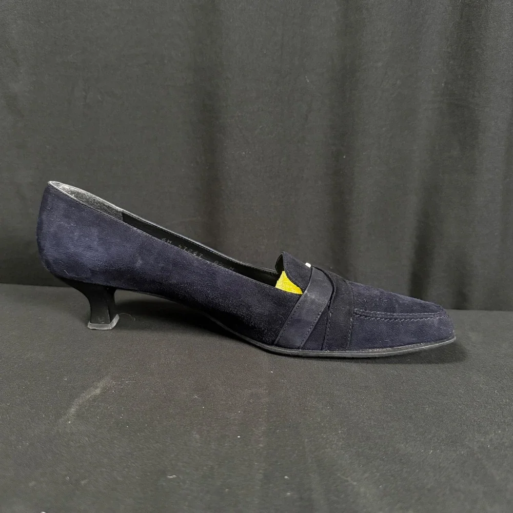 Vintage 90s Stuart Weitzman Navy Suede Square Toe Kitten Heel Loafer Pumps 8.5